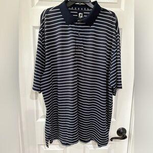 FJ FootJoy Men's XXL Short Sleeve Golf Polo Shirt Navy Blue White Stripe EUC
